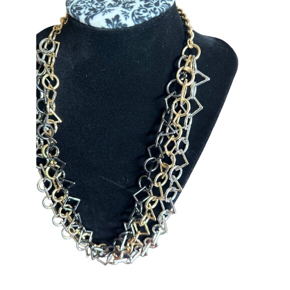 Geometric Links Multi-Layered Statement Necklace Gold Black Silver Adjustable - Picture 2 of 5